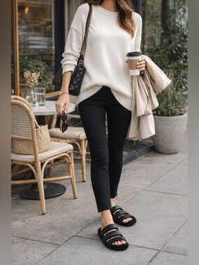 Black fuzzy cozy luxe minimal ROAM Black 3 Strap Faux Leather Sandals Size 8 NWT